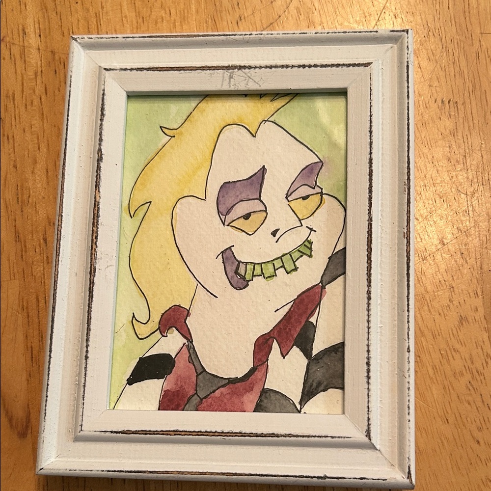 Framed Beetlejuice watercolor Art size 5”x6”
